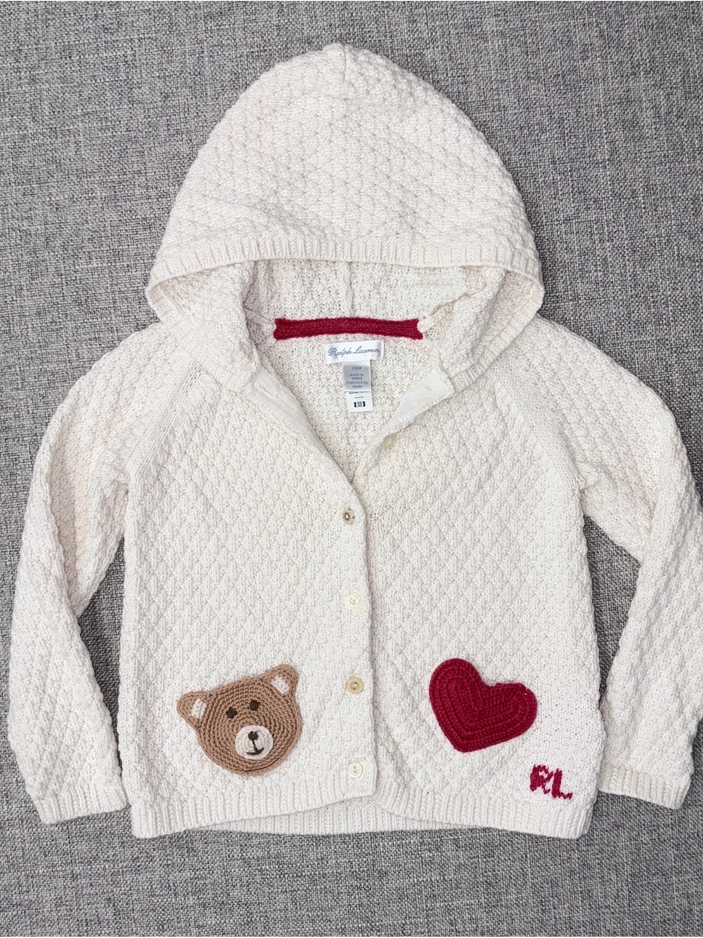Ralph Lauren Cream Hooded Knit Cardigan with Bear & Red Heart
